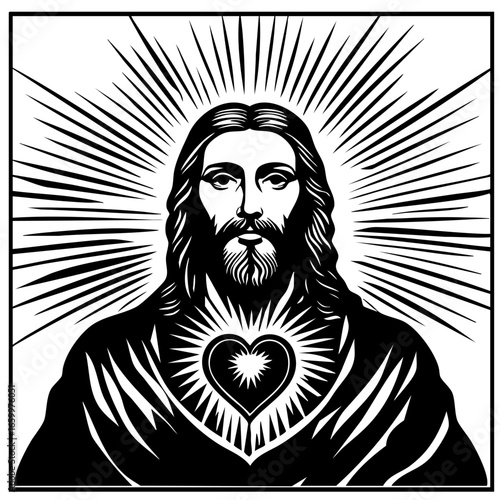 Representation of a sacred figure with a radiant heart and spiritual illumination, showcasing deep symbolism and artistry