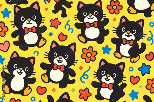 Cute Black Cat Characters with Flowers and Hearts on Yellow Background Pattern