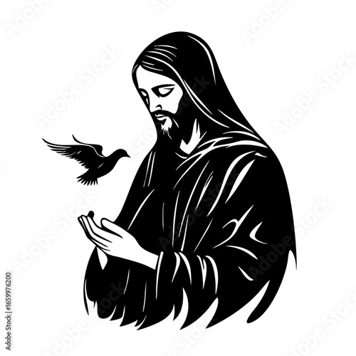 Representation of a figure with long hair and robe interacting with a bird, conveying compassion and peace in a spiritual context