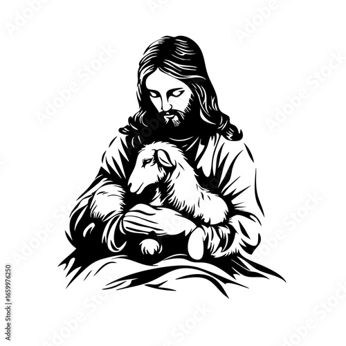 Jesus caring for a lamb with compassion and tenderness, depicting a deep sense of love and protection in a timeless moment