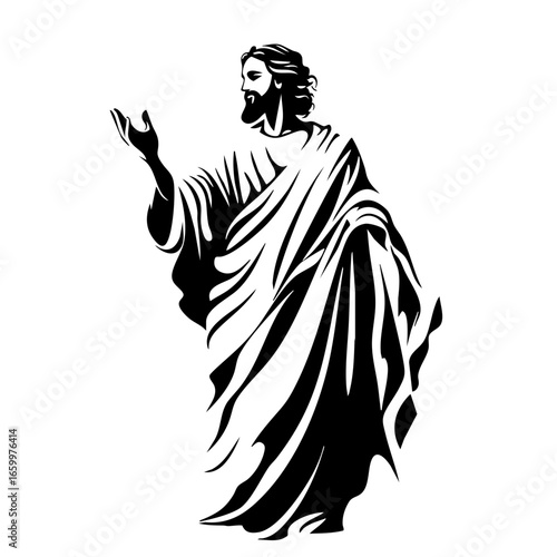 Black vector illustration of a figure with flowing robes in a dynamic pose expressing peace and compassion