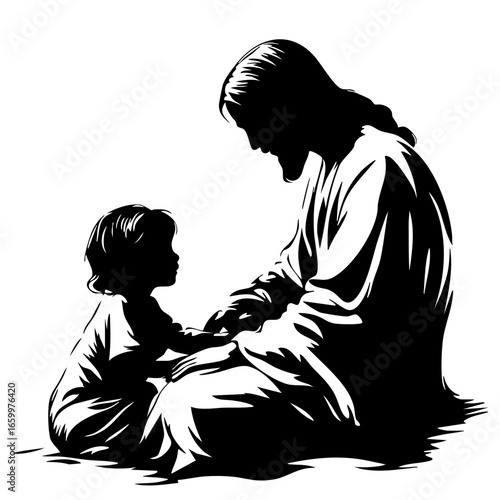 Jesus interacting with a child in a moment of connection and compassion, emphasizing love and guidance