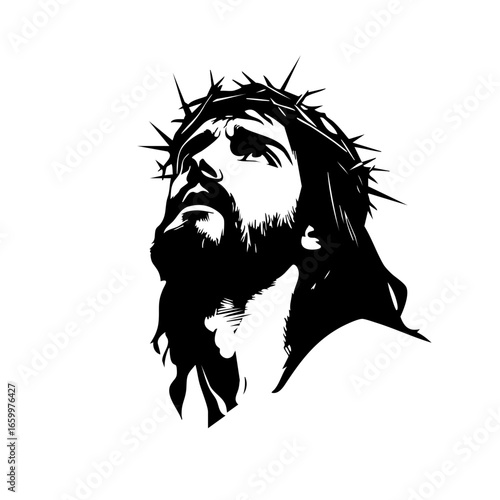 Portrait of a man with a crown of thorns looking upwards, symbolizing sacrifice and redemption in religious art