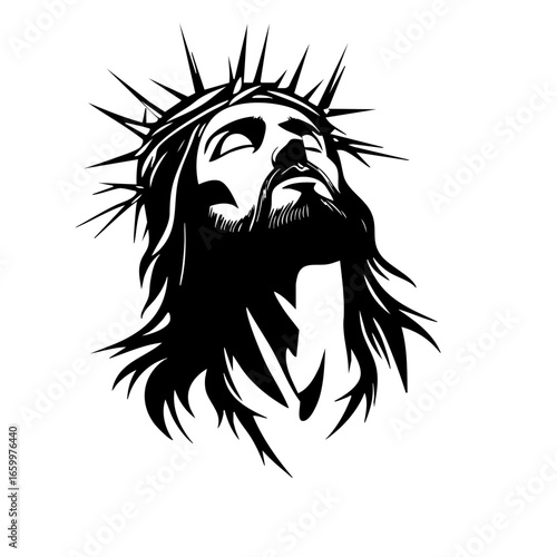 Depiction of a crowned figure with long hair and facial expression reflecting strength and serenity, showcasing detailed features and crown of thorns