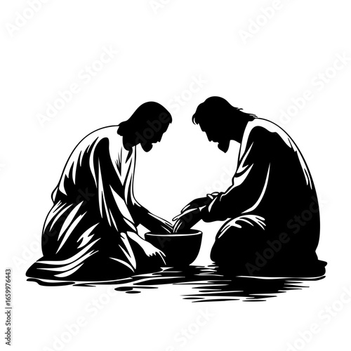 Figures performing a symbolic act of humility and service through washing hands