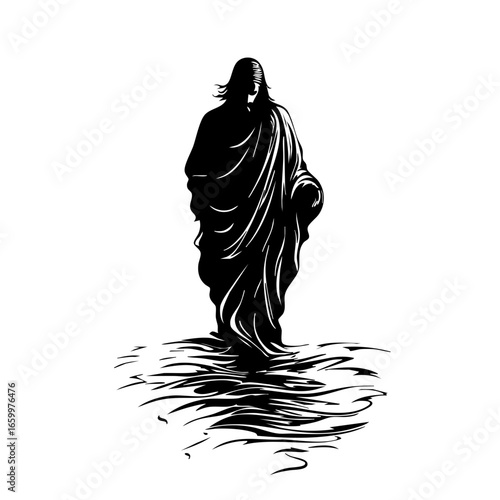 Silhouetted figure walking on water, symbolizing spirituality and faith in a serene atmosphere