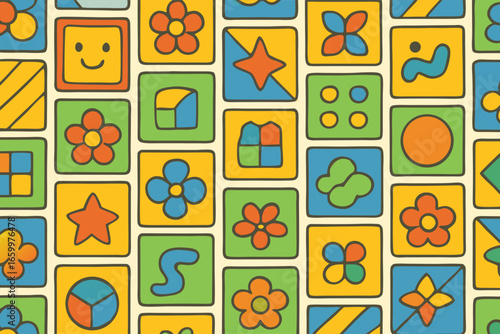 Retro 70s groovy floral and geometric seamless pattern background