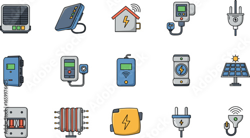 Set of Vector Icons Depicting Home Energy Devices, Smart Metering, and Solar Power Equipment Set of Vector Icons Depicting Home Energy Devices, Smart Metering, and Solar Power Equipment