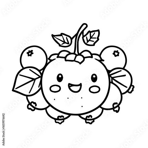 Cute and playful cartoon fruit character smiling with cheerful expression surrounded by blueberries and leaves