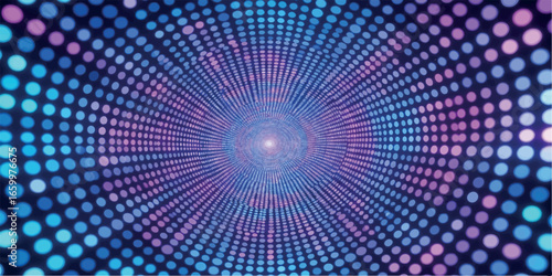 Futuristic glowing tunnel of dots in blue and purple shades