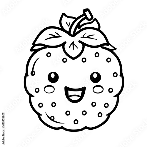 Cute smiling cartoon strawberry character with big eyes and joyful expression featuring leafy green top