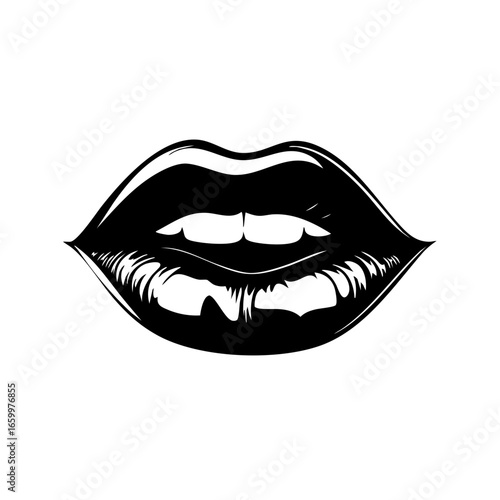 Stylized black vector illustration of lips featuring detailed contours and a glossy finish, ideal for beauty and fashion designs