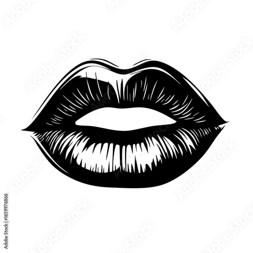 Stylized black vector illustration of full lips with detailed contours and texture highlighting beauty