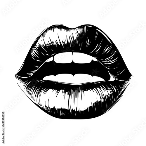 Artistic representation of detailed lips showcasing contours and definition in a black vector style