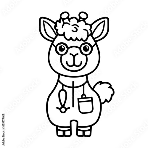 Cute cartoon llama dressed as a veterinarian with glasses, stethoscope, and lab coat, showcasing friendly demeanor and care for animals