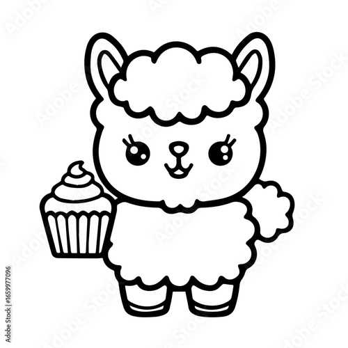 Cute black vector illustration of a cartoon alpaca holding a cupcake with a cheerful expression designed for fun and playful themes