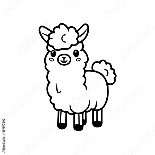 Cute black vector illustration of a llama with fluffy fur and friendly expression, standing in playful pose