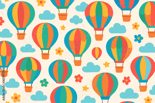 Colorful Hot Air Balloon Pattern with Clouds and Flowers Seamless Background