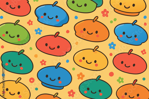 Vibrant Kawaii Style Smiling Blobs Seamless Repeat Pattern Design