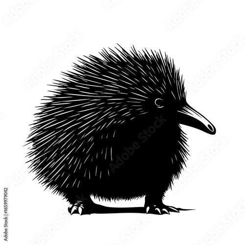 Cute black vector illustration of an echidna with spiky fur standing on its hind legs, showcasing its unique features and playful character