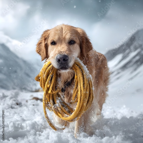 Golden retriever carrying rescue rope in snowy mountains, heroic dog with shining fur, alpine rescue scene