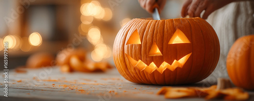 Close-up of gloved hands carving a scary mouth in a large pumpkin. Halloween concept.