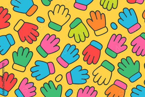 A vibrant seamless pattern of multi-colored cartoon winter mittens