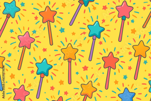Colorful Pattern with Magic Wands and Sparkling Stars on a Yellow Background