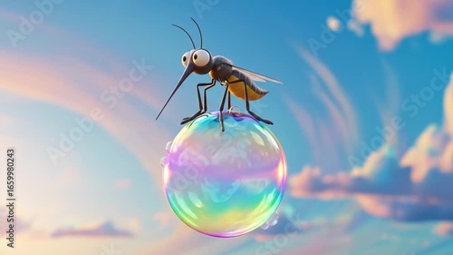 Cartoon mosquito standing on a soap bubble floating in the sky