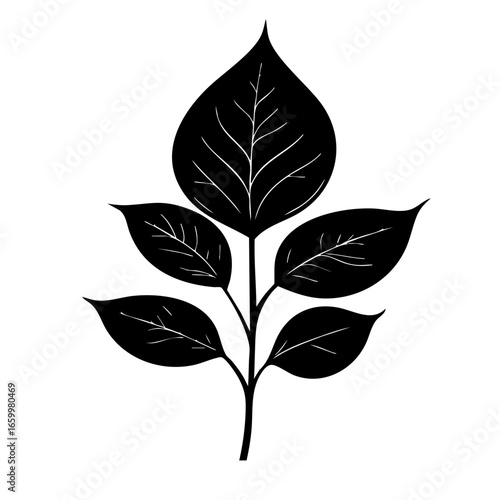 Detailed black vector illustration of a leafy plant showcasing multiple leaves with fine texture and prominent veins