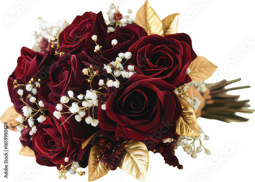 Bouquet of deep red roses with gold leaves and white baby's breath on a white background flowers