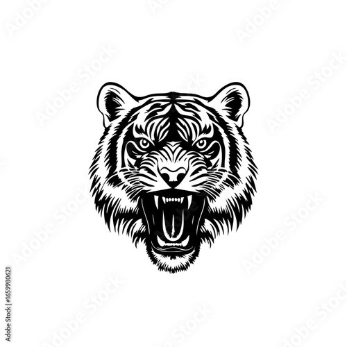 Fierce black vector head of a roaring tiger showcasing intricate details of facial features and bold expression