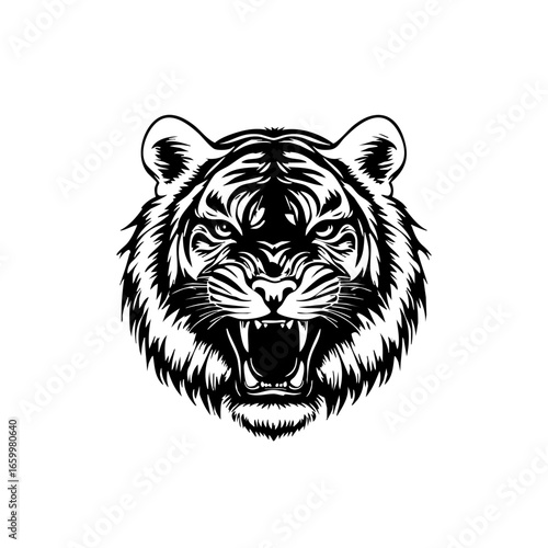 Roaring tiger head in black vector art showcasing fierce expression and intricate details of fur