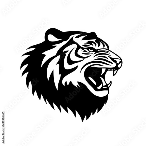 Fierce black vector illustration of a roaring tiger head showcasing powerful features and intricate details reflecting strength and majesty