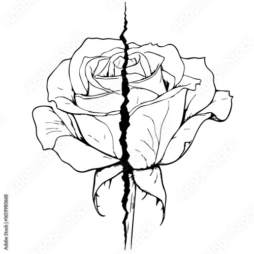 Intricately drawn black rose split in two with detailed petals and stem highlighting contrasts in design