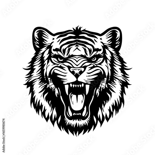 Fierce tiger head illustration showcasing detailed features and powerful expression, perfect for artistic projects or design elements