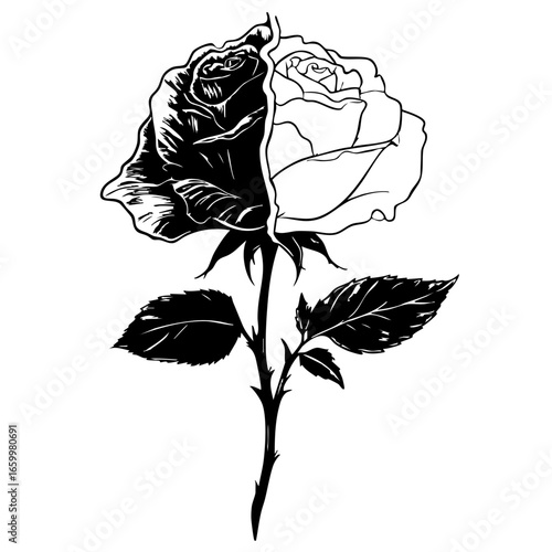 Elegant black vector illustration of a detailed rose with intricate petals and leaves, showcasing a blend of realism and artistic style