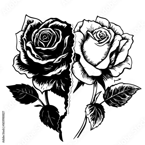 Black vector illustration of two roses representing love and heartbreak in a symbolic design