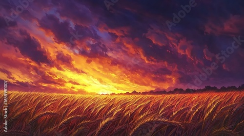 Fiery Sunset Over Golden Wheat Field Landscape