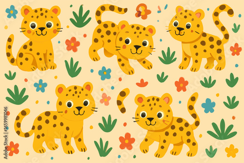 Cute leopards and flowers cartoon illustration