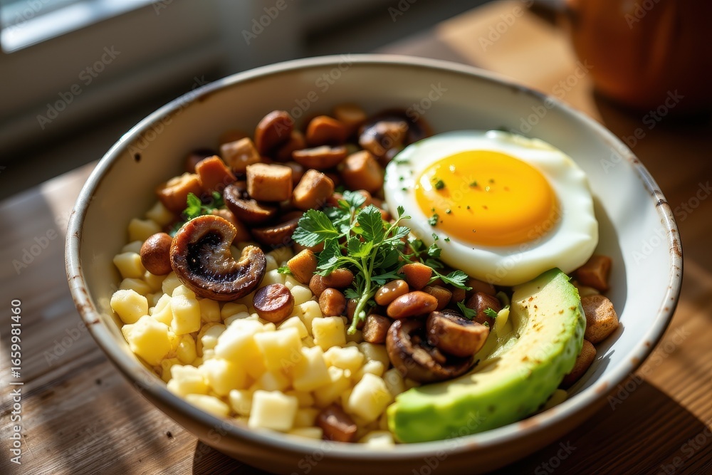 balanced keto breakfast bowl with eggs cheese mushrooms avocado cinematic realism morning sunlight emphasizing protein healthy fats vitamins minerals and low carbs for active lifestyle and strength. balanced keto breakfast bowl with eggs cheese mushrooms avocado cinematic realism morning sunlight emphasizing protein healthy fats vitamins minerals and low carbs for active lifestyle and strength.