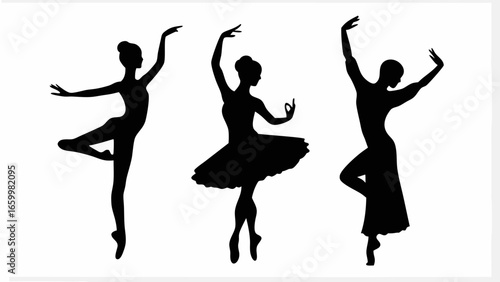Three ballet dancers in silhouette performing various poses on a white background in a studio setting