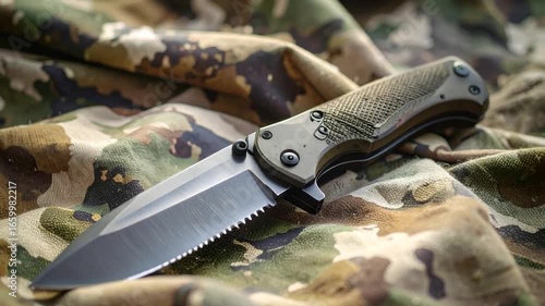 Folding knife on camouflage fabric