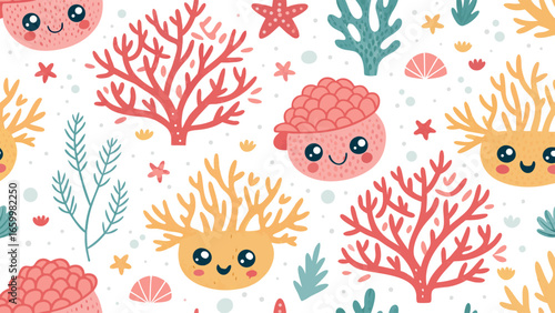 Charming underwater coral reef pattern with playful starfish and sea creatures