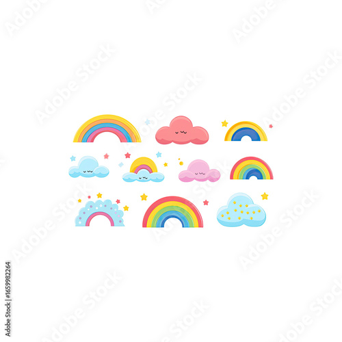 Set of Cute Rainbows with Clouds Cartoon Illustration on white background
