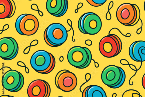 Seamless Pattern of Colorful Yo-yos on a Yellow Background