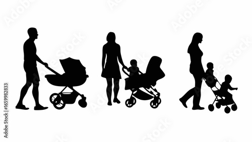 Silhouettes of parents with strollers and children in black and white illustration vector image art