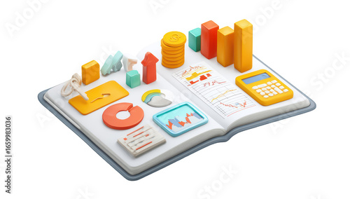 Wallpaper Mural 3D rendered open notebook with financial charts, graphs, and calculator Torontodigital.ca
