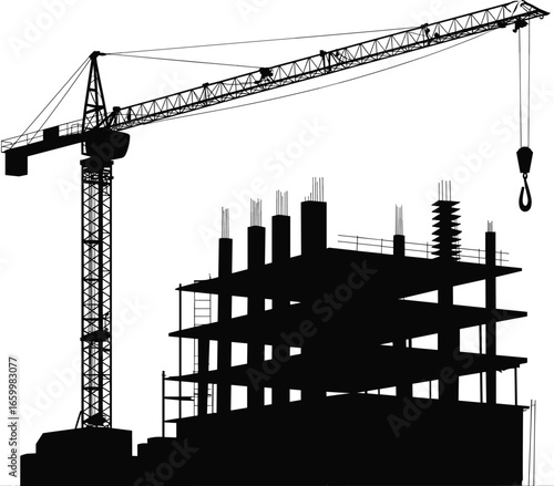 Construction site with tower crane, building framework, under construction structure, industrial development, urban project, modern cityscape silhouette, engineering design