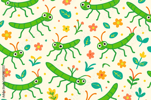 Whimsical Grasshopper and Floral Pattern A Cheerful, Nature-Inspired Design